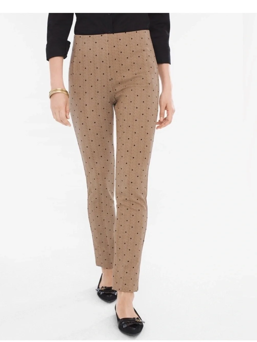 Chico's Tan Ankle Pants with Black Dot Pattern
